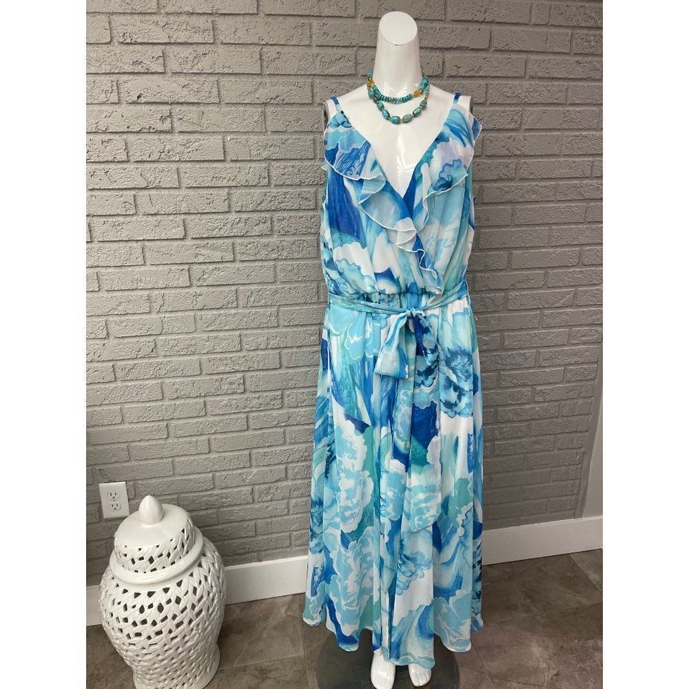 Joanna Hope Blue Spaghetti Strap Waist Tie Maxi Dress Size 18 NWT